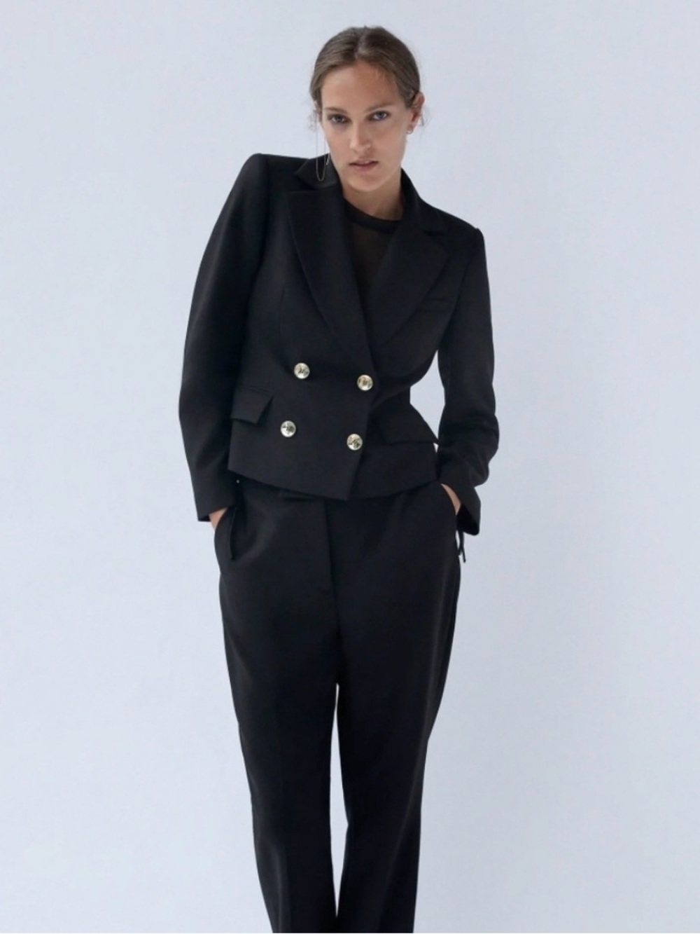 Zara Black Double-Breasted Black Blazer Gold Buttons Small